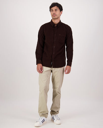 Espresso Coloured Swandri Ranfurly Mens V2 Long Sleeve Shirt on grey Background 