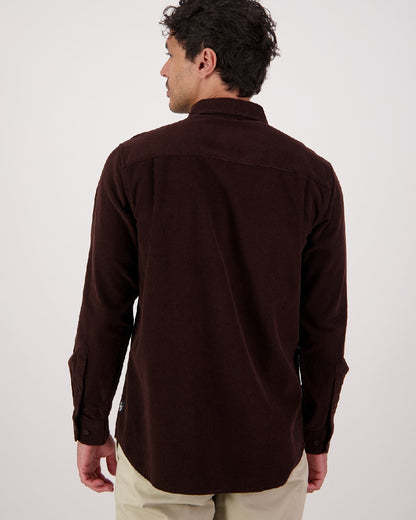 Espresso Coloured Swandri Ranfurly Mens V2 Long Sleeve Shirt on grey Background 
