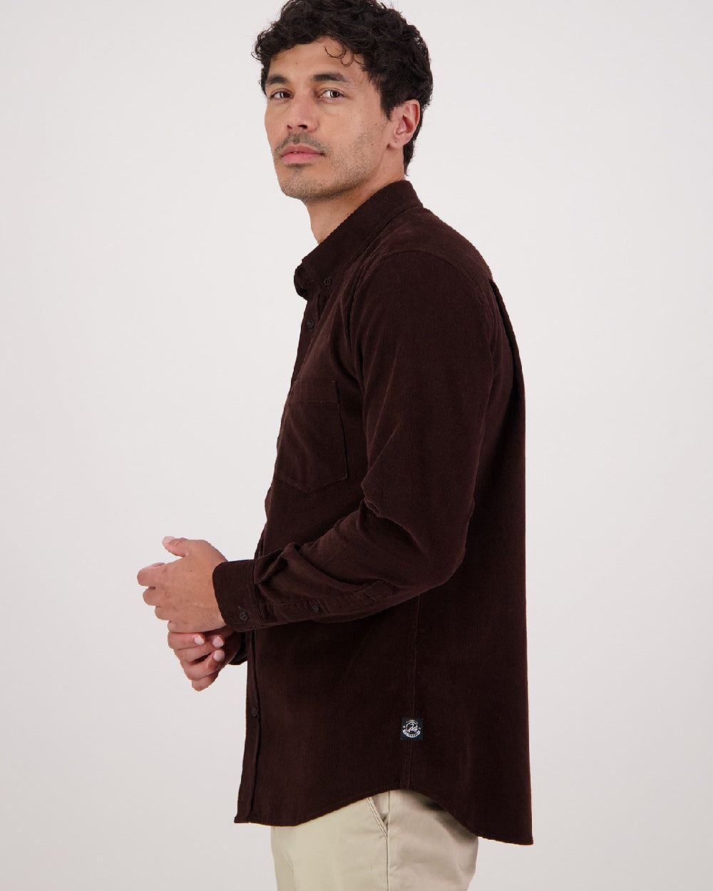 Espresso Coloured Swandri Ranfurly Mens V2 Long Sleeve Shirt on grey Background 