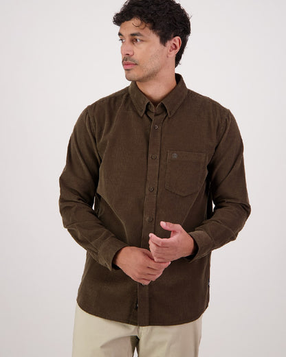 Olive Coloured Swandri Ranfurly Mens V2 Long Sleeve Shirt on White Background 