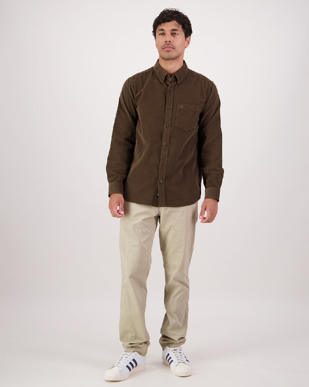 Olive Coloured Swandri Ranfurly Mens V2 Long Sleeve Shirt on White Background 