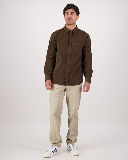 Olive Coloured Swandri Ranfurly Mens V2 Long Sleeve Shirt on White Background 