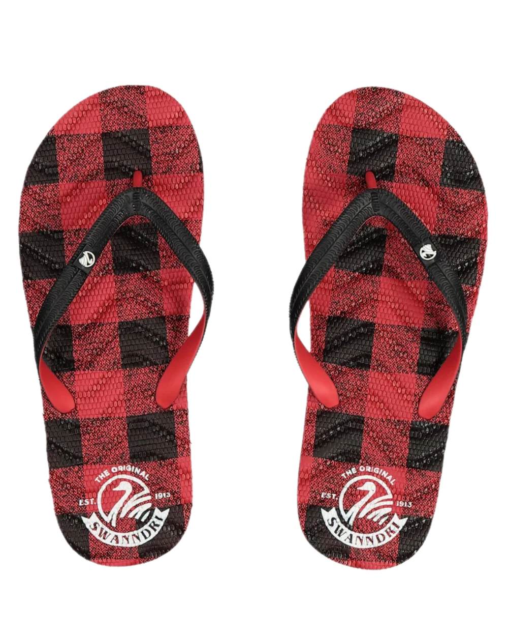 Red Black Check Coloured Swanndri Swanndal Jandal on white background 