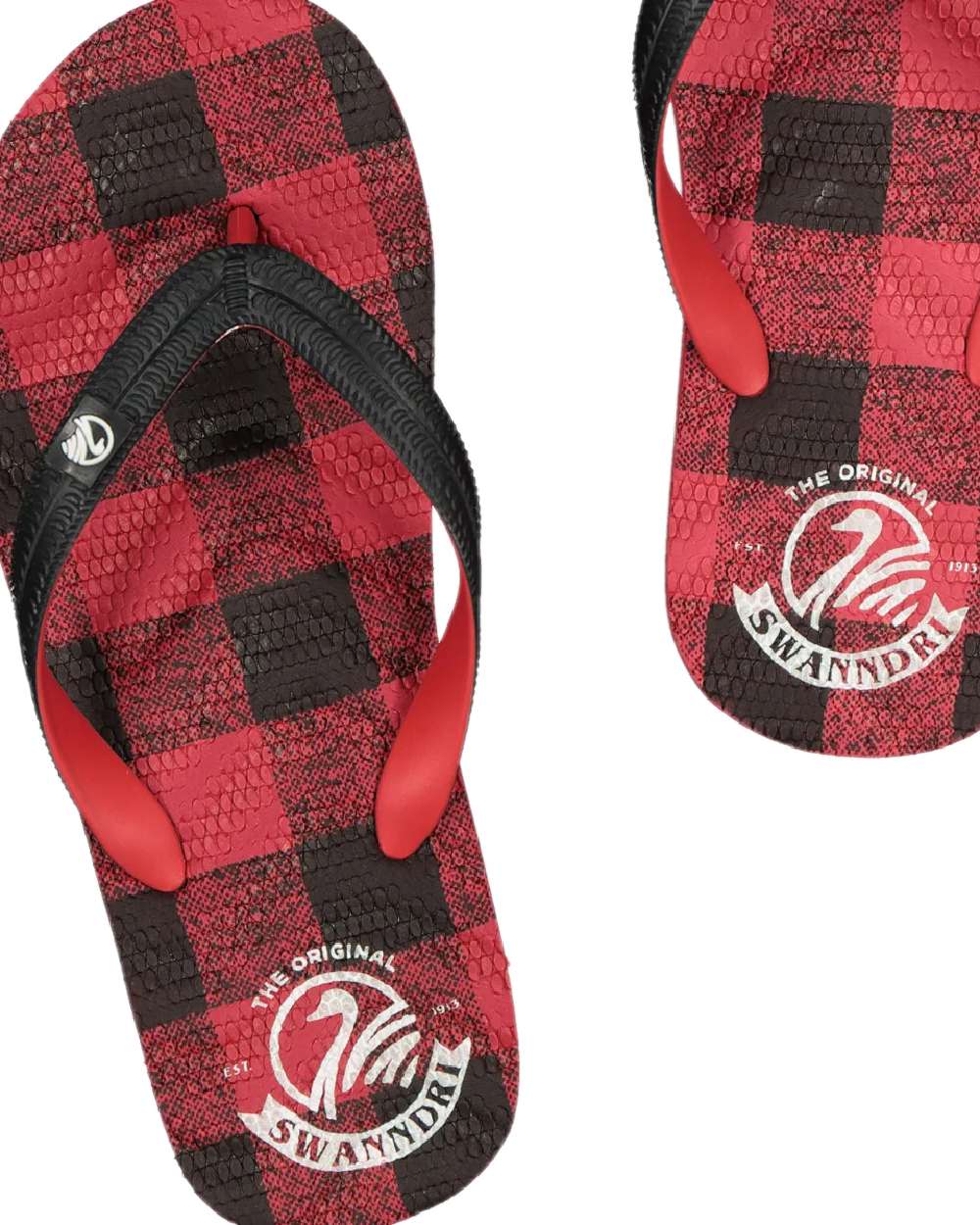 Red Black Check Coloured Swanndri Swanndal Jandal on white background 