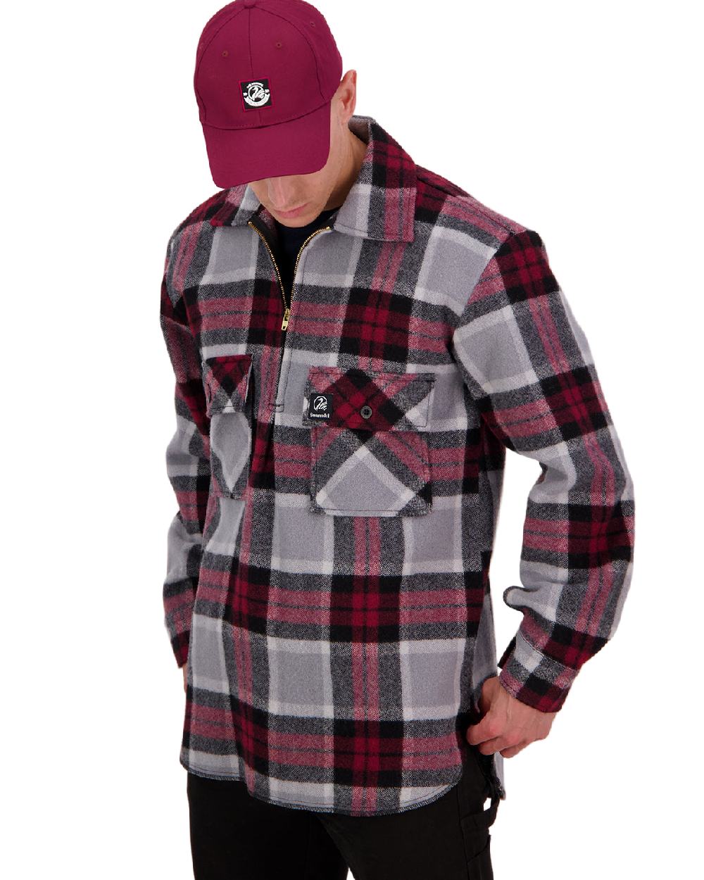 Burgundy Coloured Swanndri Swanni Baseball Cap on white background 