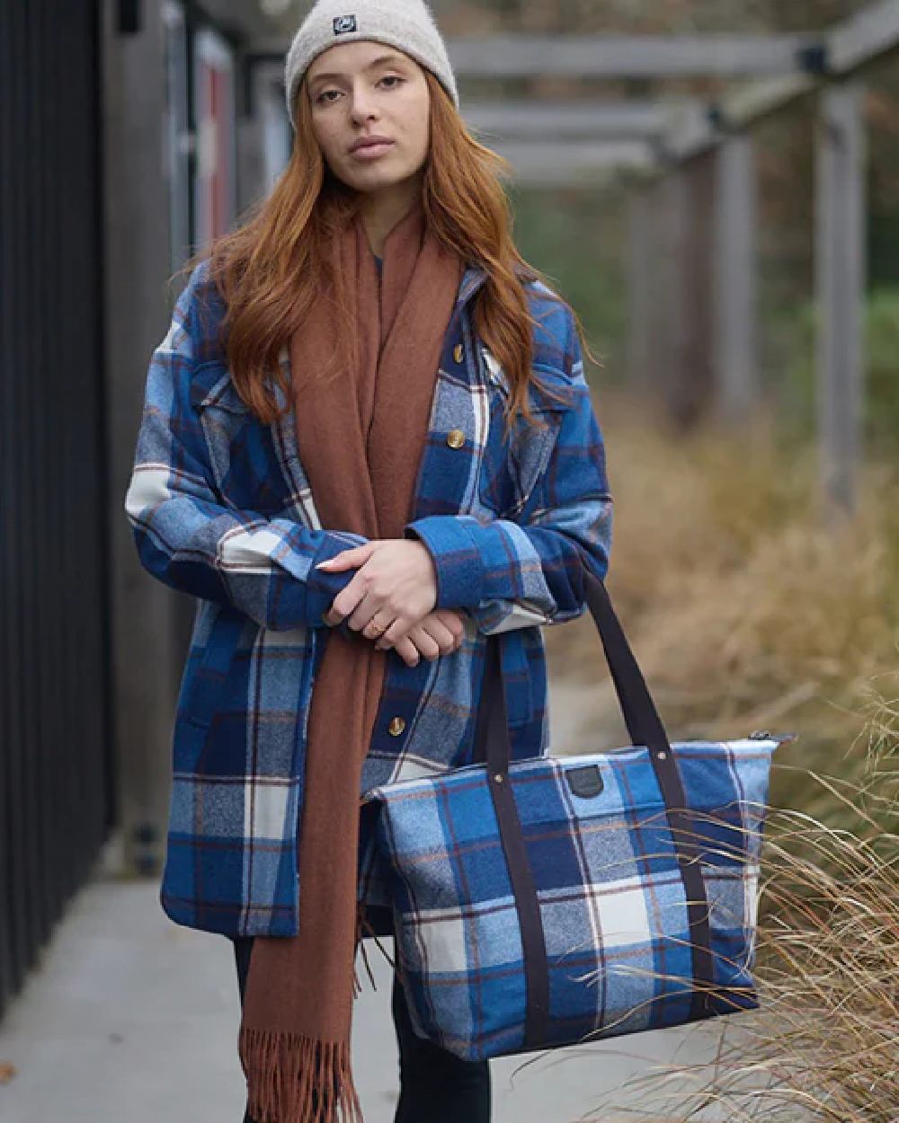 Fitzroy Check Coloured Swanndri Womens Anchorage Longline Jacket on outdoor background 