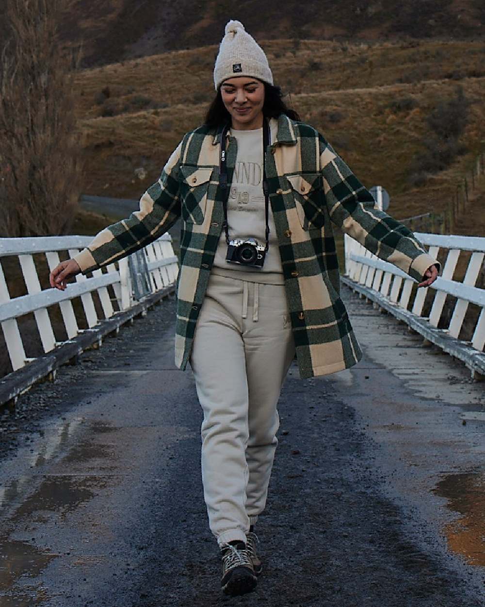Limestone Check Coloured Swanndri Womens Anchorage Longline Jacket on outdoor background 