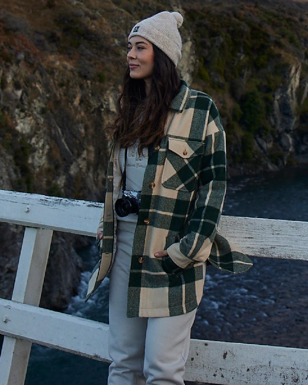 Limestone Check Coloured Swanndri Womens Anchorage Longline Jacket on outdoor background 
