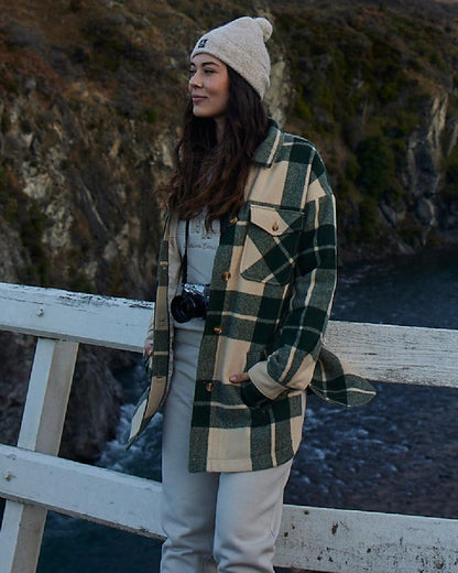 Limestone Check Coloured Swanndri Womens Anchorage Longline Jacket on outdoor background 