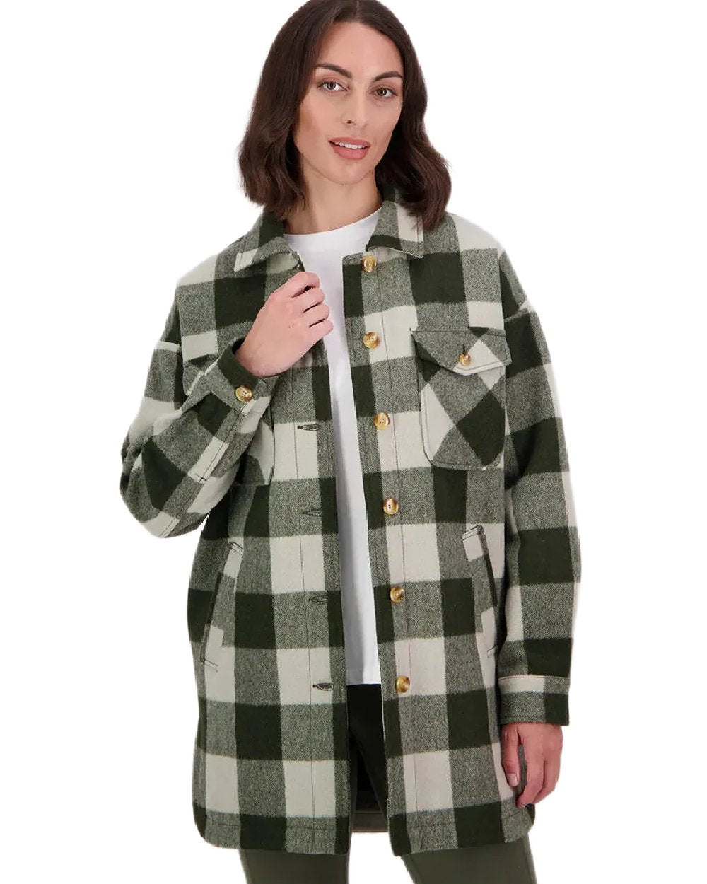 Limestone Check Coloured Swanndri Womens Anchorage Longline Jacket on white background 