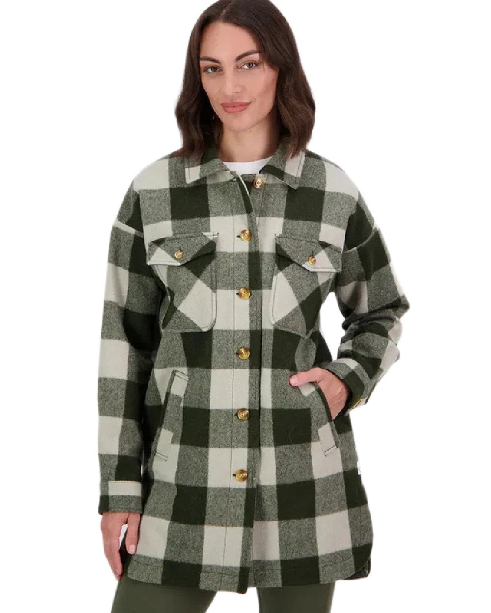 Limestone Check Coloured Swanndri Womens Anchorage Longline Jacket on white background 