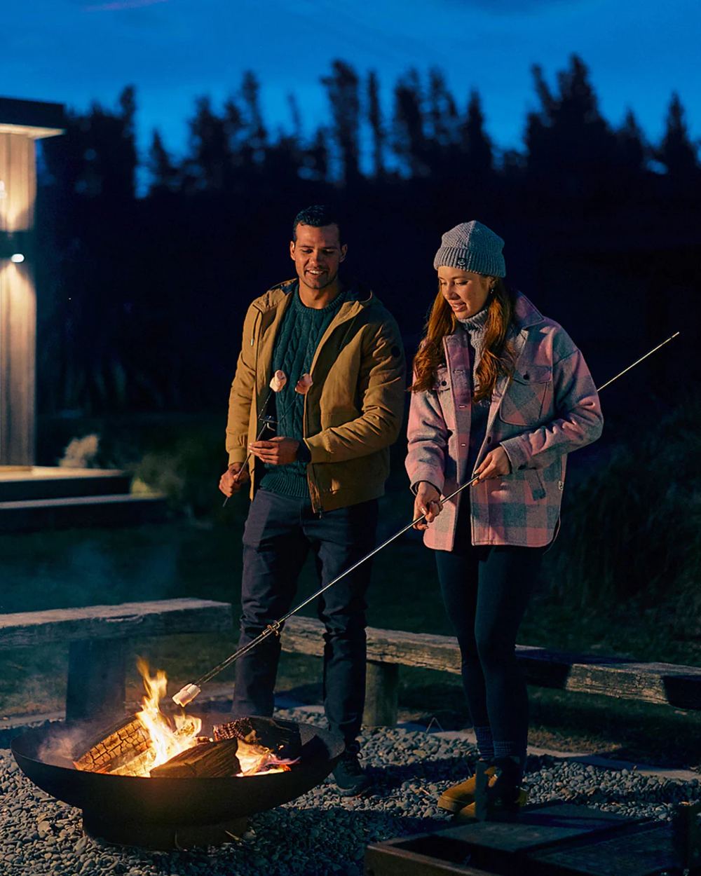 Rose Quartz Check Coloured Swanndri Womens Anchorage V2 Wool Shirt Jacket on campsite background 