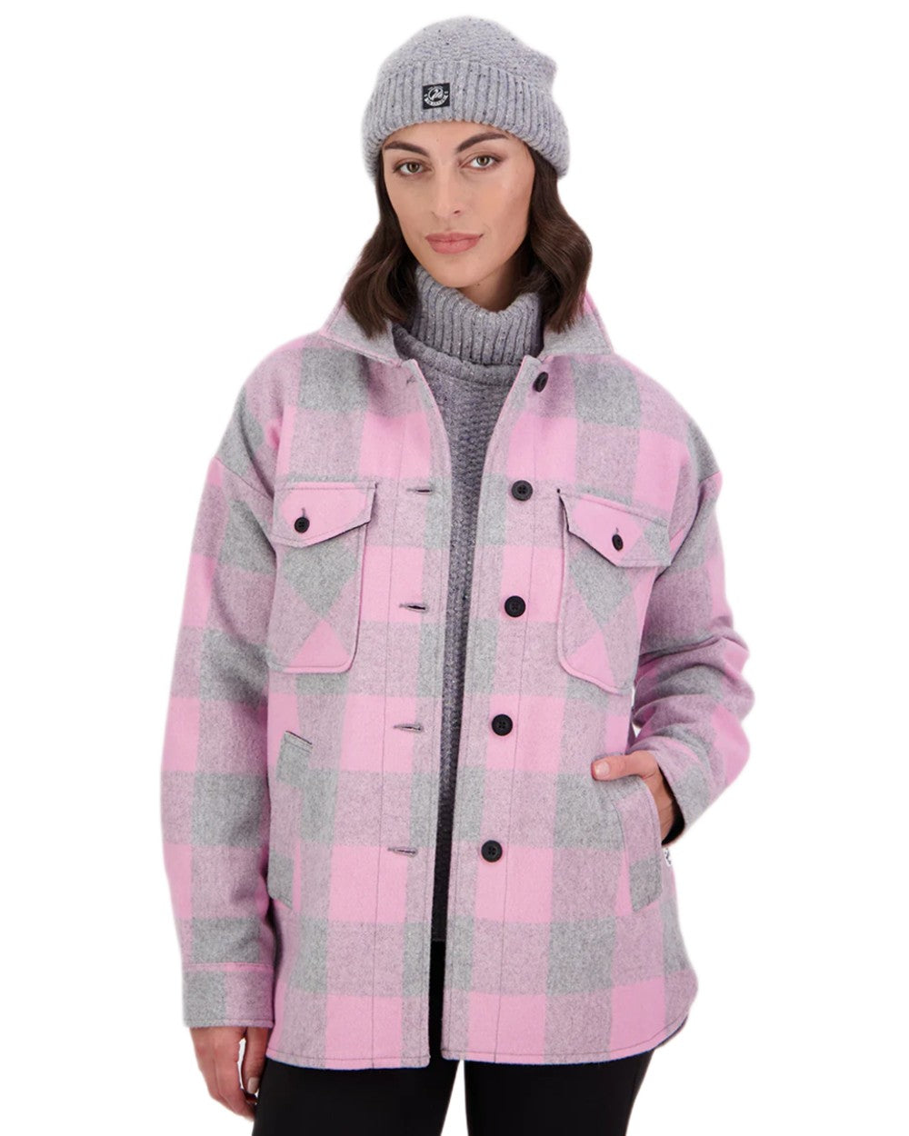 Rose Quartz Check Coloured Swanndri Womens Anchorage V2 Wool Shirt Jacket on white background 