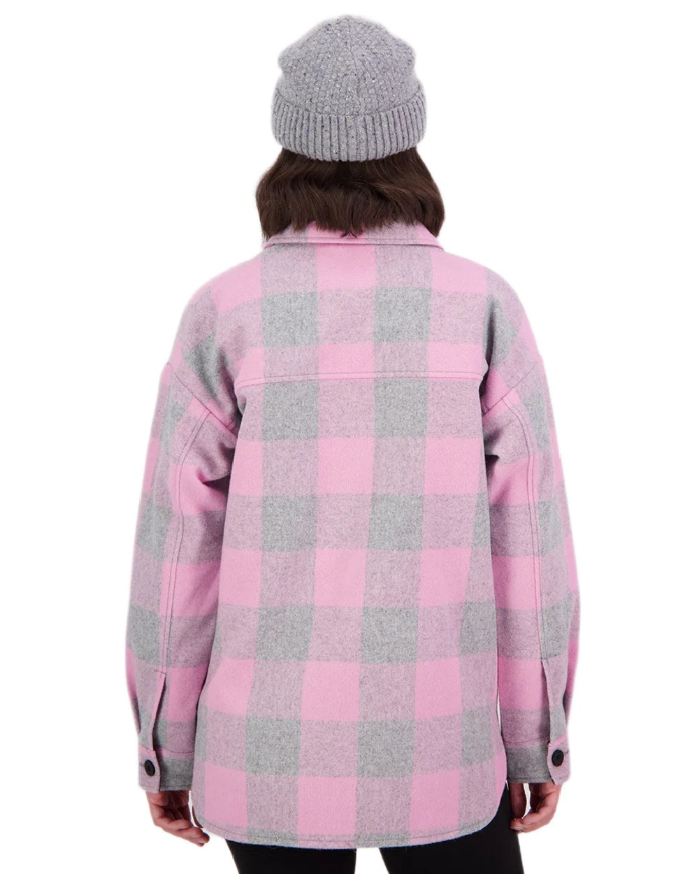Rose Quartz Check Coloured Swanndri Womens Anchorage V2 Wool Shirt Jacket on white background 