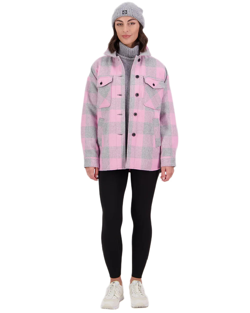 Rose Quartz Check Coloured Swanndri Womens Anchorage V2 Wool Shirt Jacket on white background 