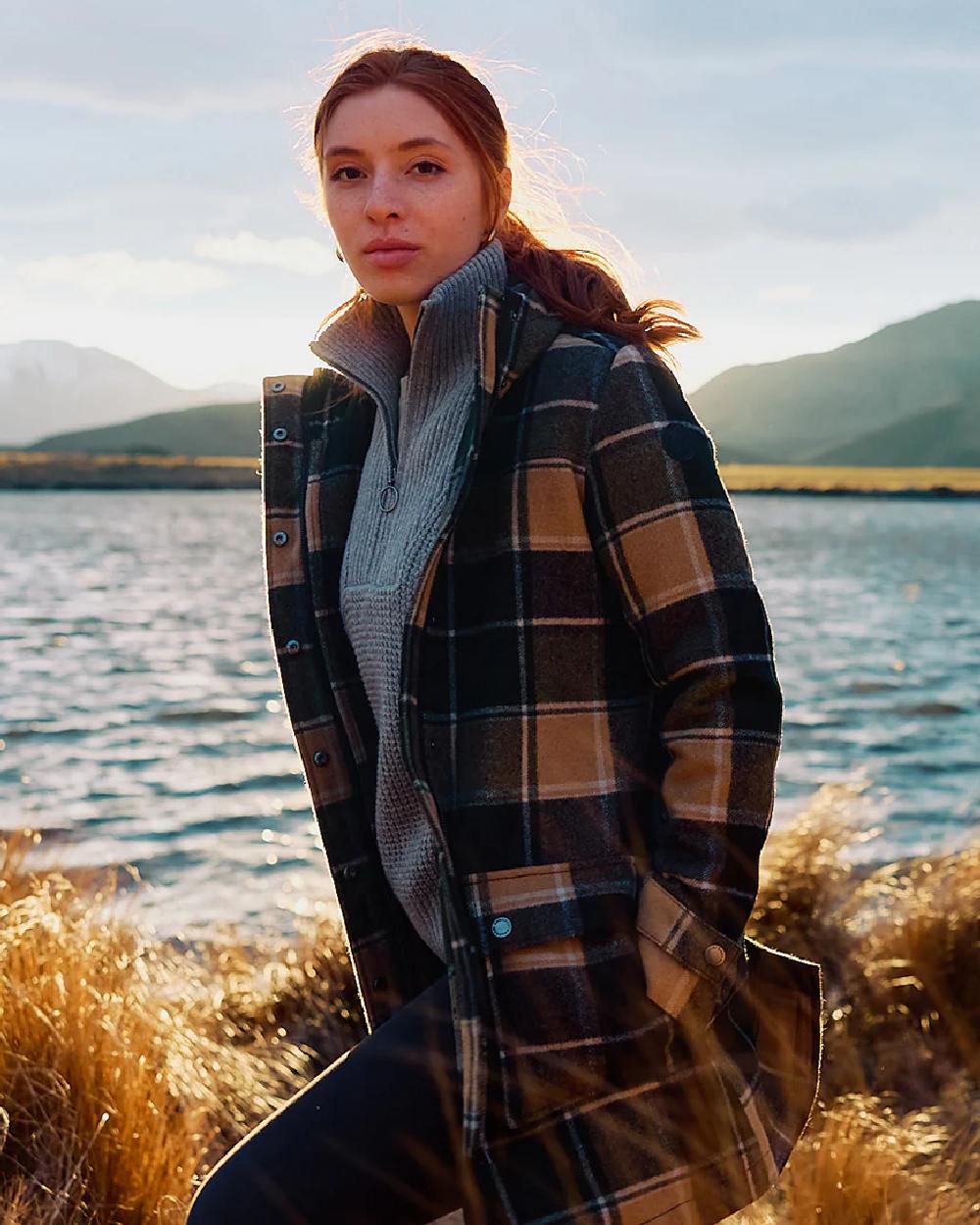Denver Check Coloured Swanndri Womens Annmore Wool Overcoat on outdoor background 