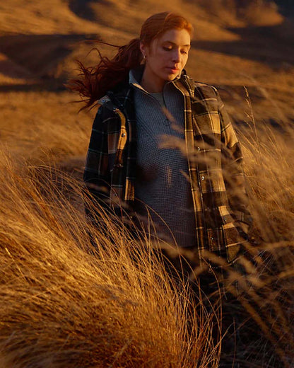 Denver Check Coloured Swanndri Womens Annmore Wool Overcoat on outdoor background 