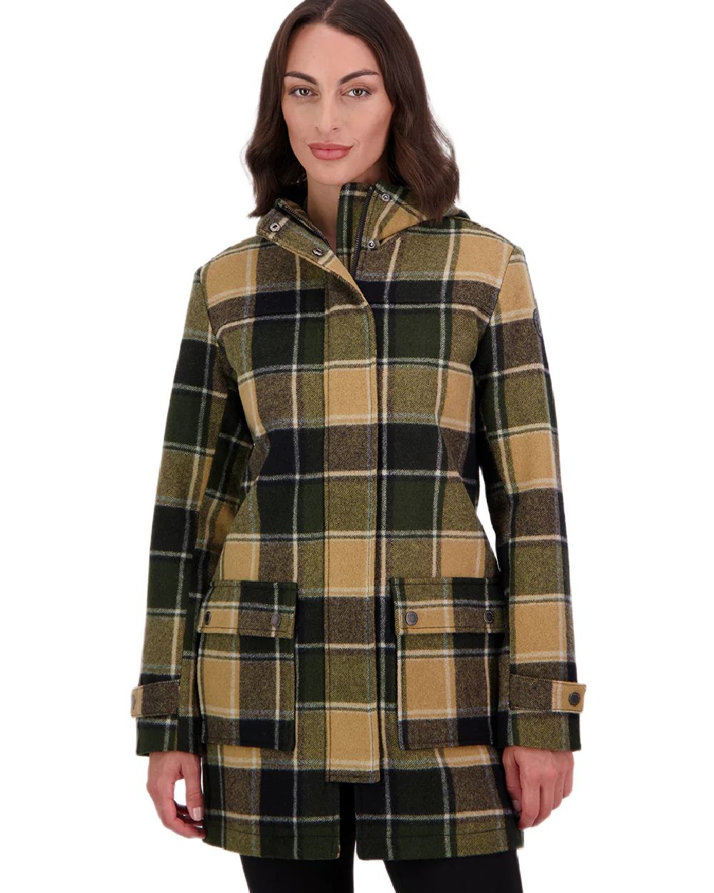 Denver Check Coloured Swanndri Womens Annmore Wool Overcoat on white background 