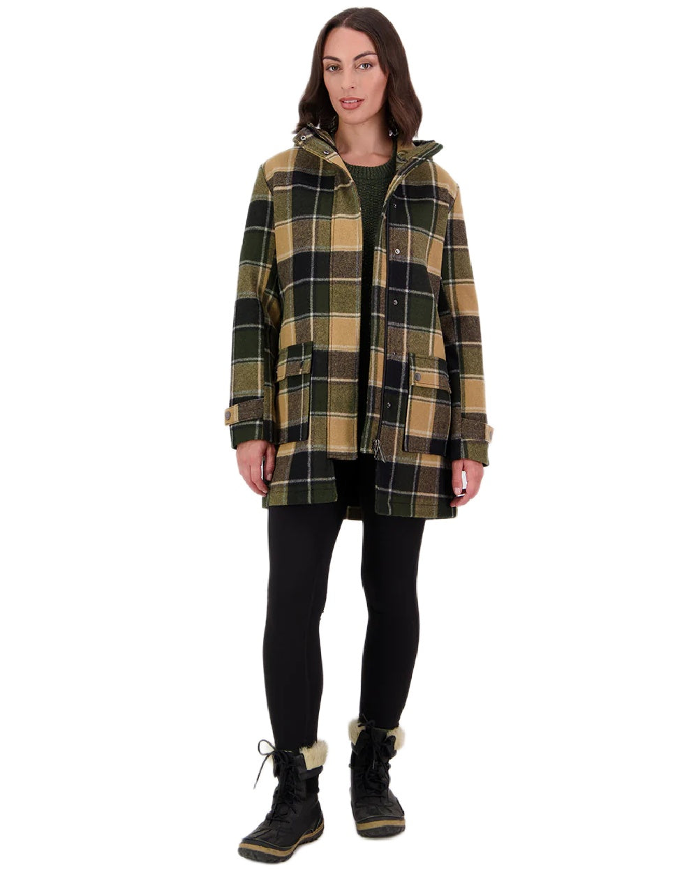 Denver Check Coloured Swanndri Womens Annmore Wool Overcoat on white background 