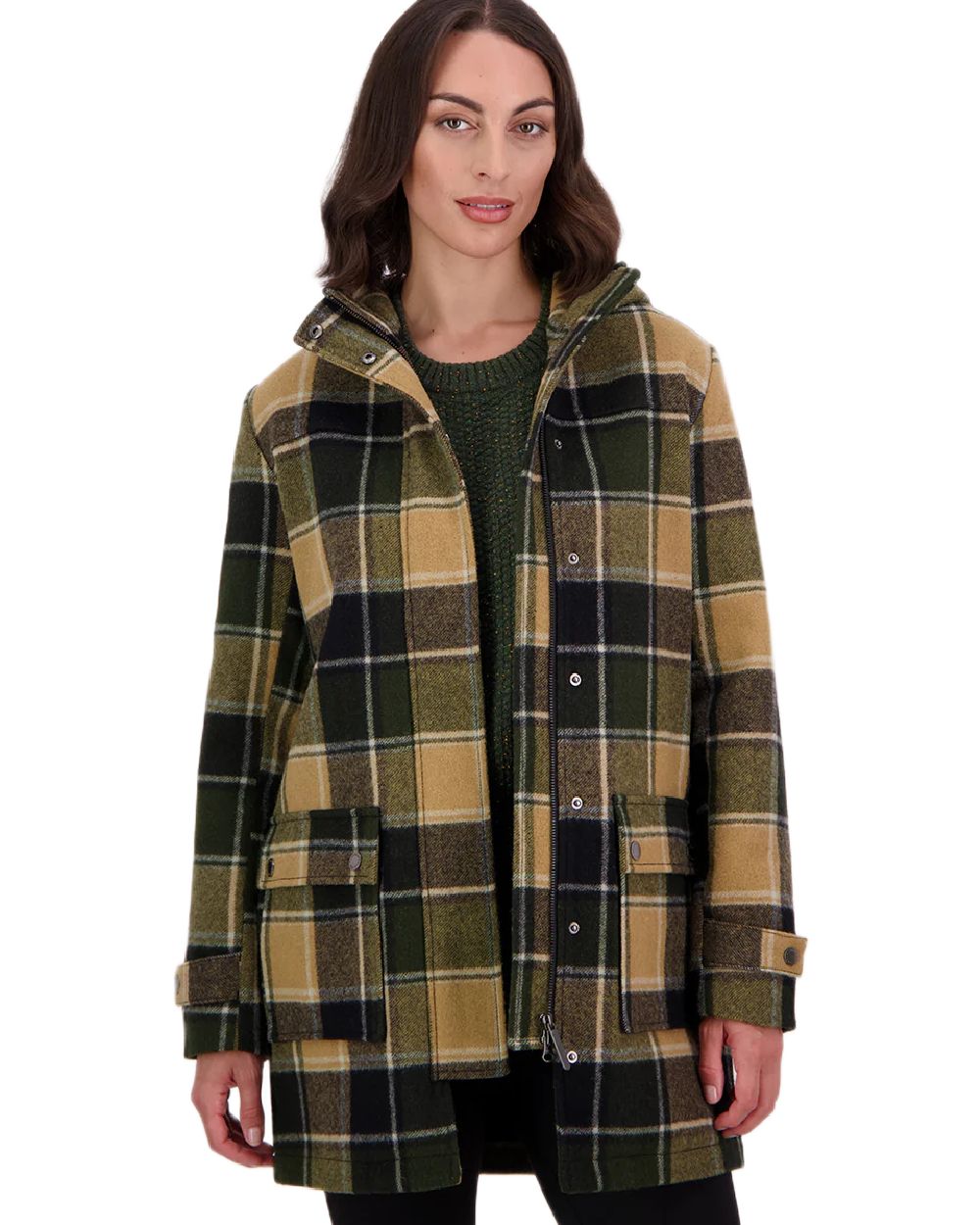 Denver Check Coloured Swanndri Womens Annmore Wool Overcoat on white background 