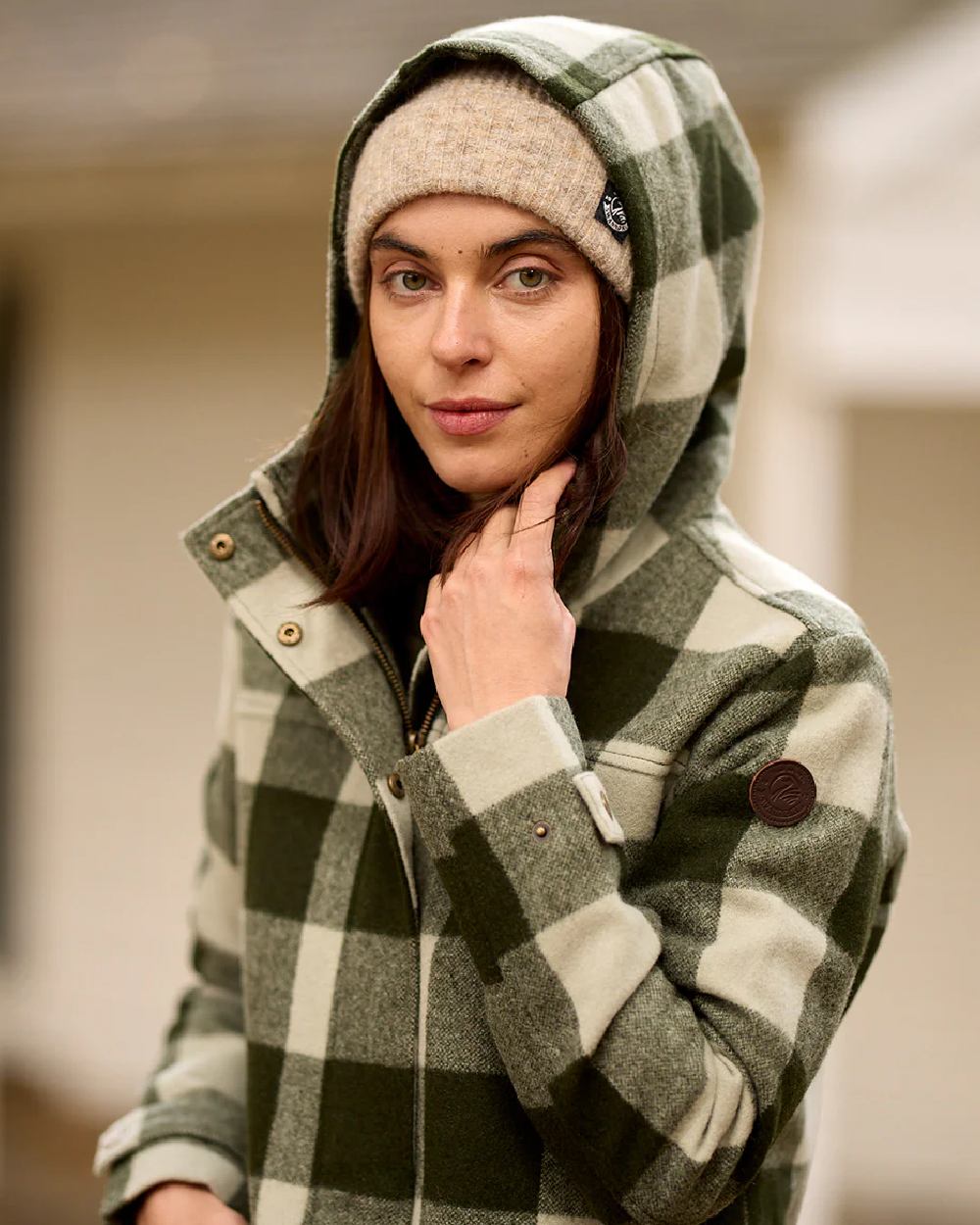 Limestone Check Coloured Swanndri Womens Annmore Wool Overcoat on outdoor background 