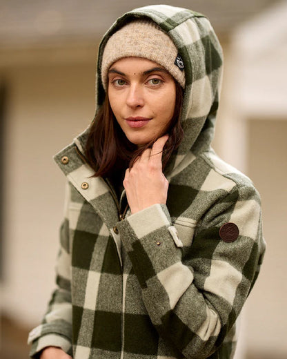 Limestone Check Coloured Swanndri Womens Annmore Wool Overcoat on outdoor background 