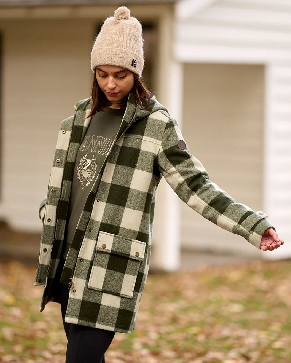 Limestone Check Coloured Swanndri Womens Annmore Wool Overcoat on outdoor background 