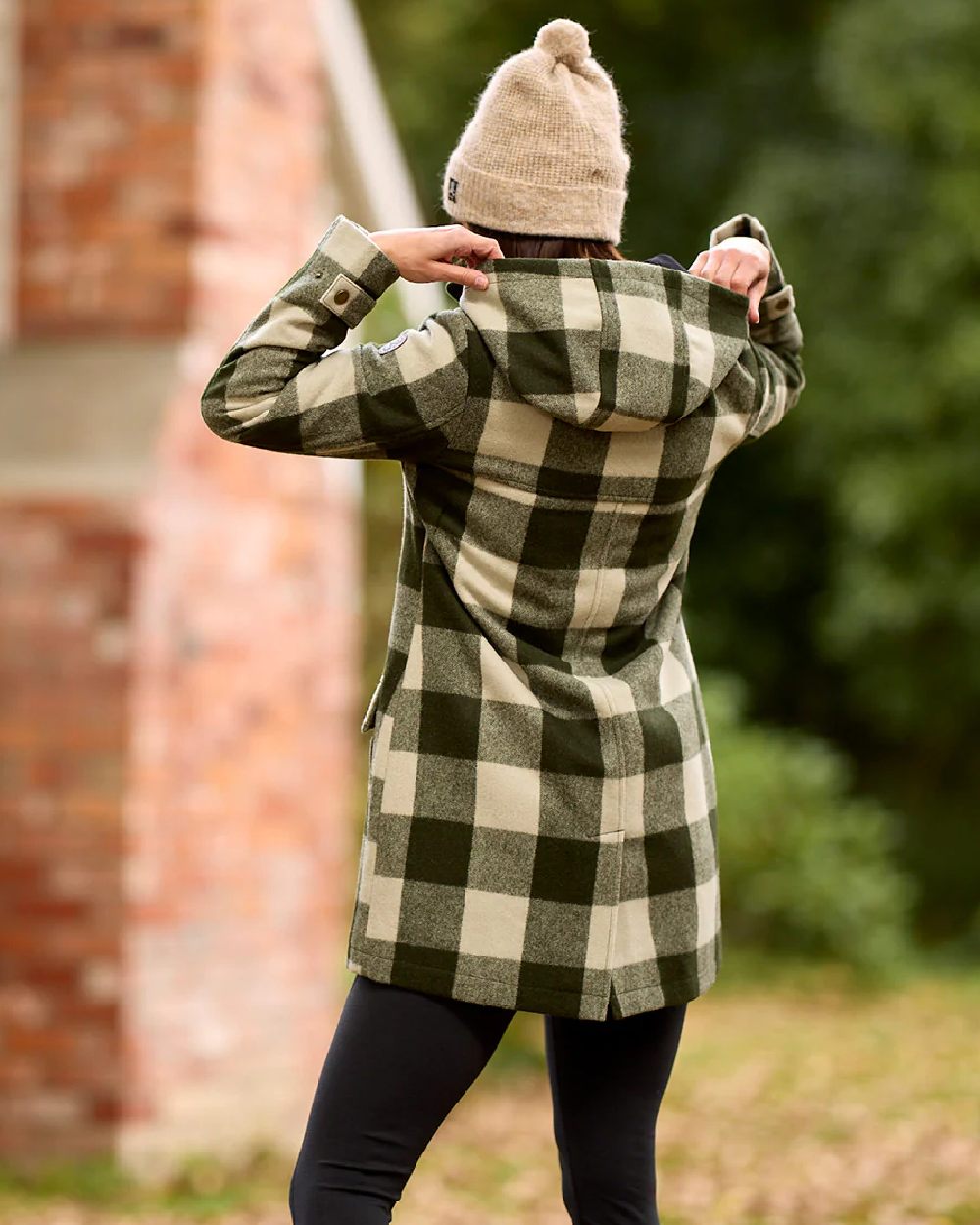 Limestone Check Coloured Swanndri Womens Annmore Wool Overcoat on outdoor background 
