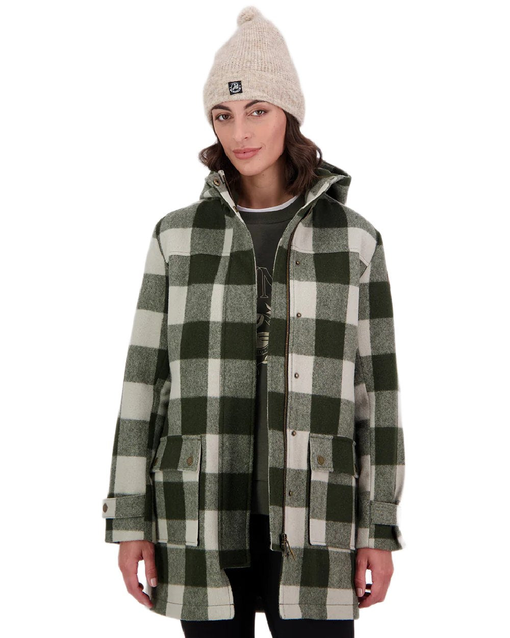 Limestone Check Coloured Swanndri Womens Annmore Wool Overcoat on white background 
