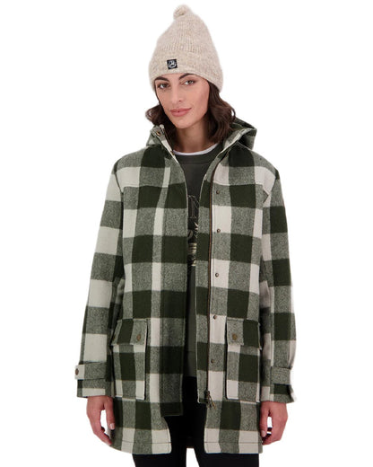 Limestone Check Coloured Swanndri Womens Annmore Wool Overcoat on white background 
