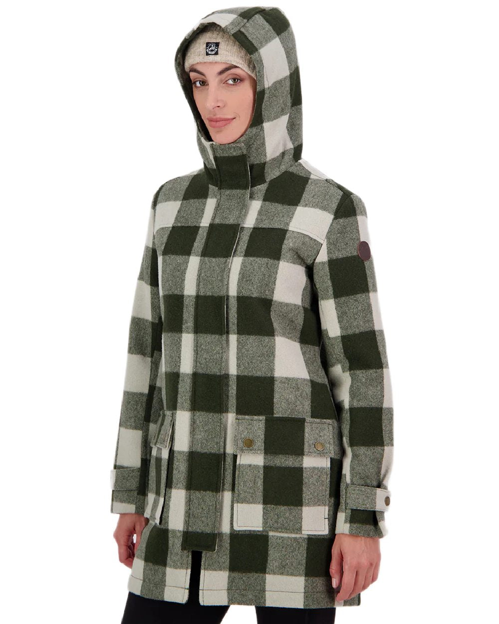 Limestone Check Coloured Swanndri Womens Annmore Wool Overcoat on white background 