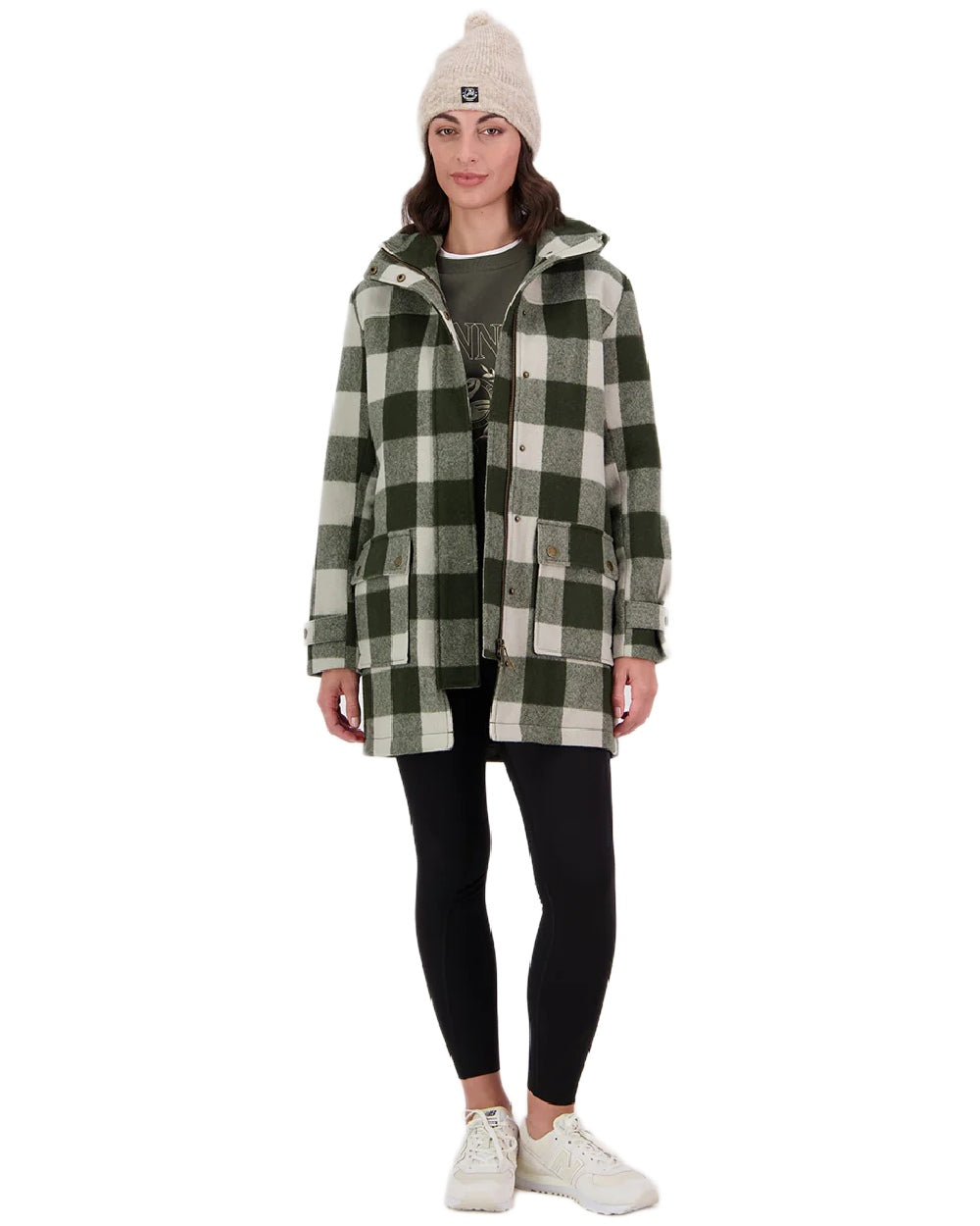 Limestone Check Coloured Swanndri Womens Annmore Wool Overcoat on white background 