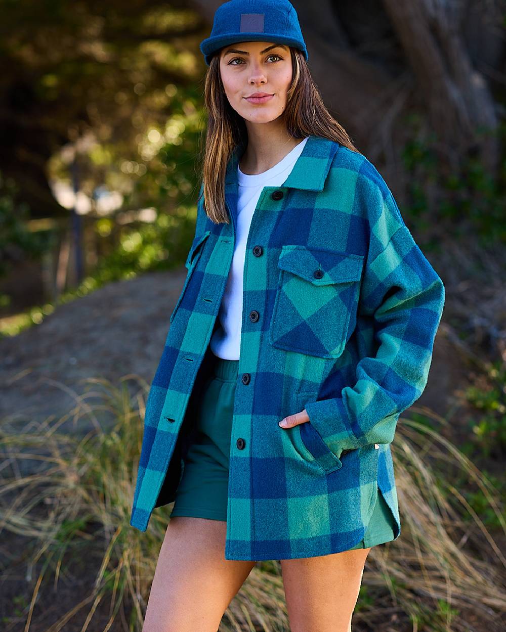 Coastal Check Coloured Swanndri Womens Harbourage Lite Wool Shacket on forest background 