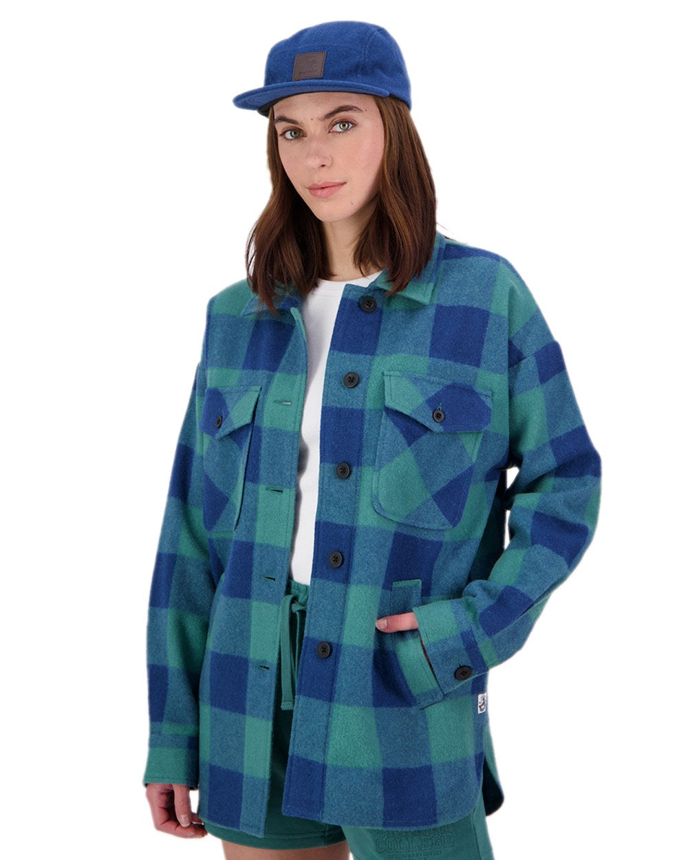 Coastal Check Coloured Swanndri Womens Harbourage Lite Wool Shacket on white background 