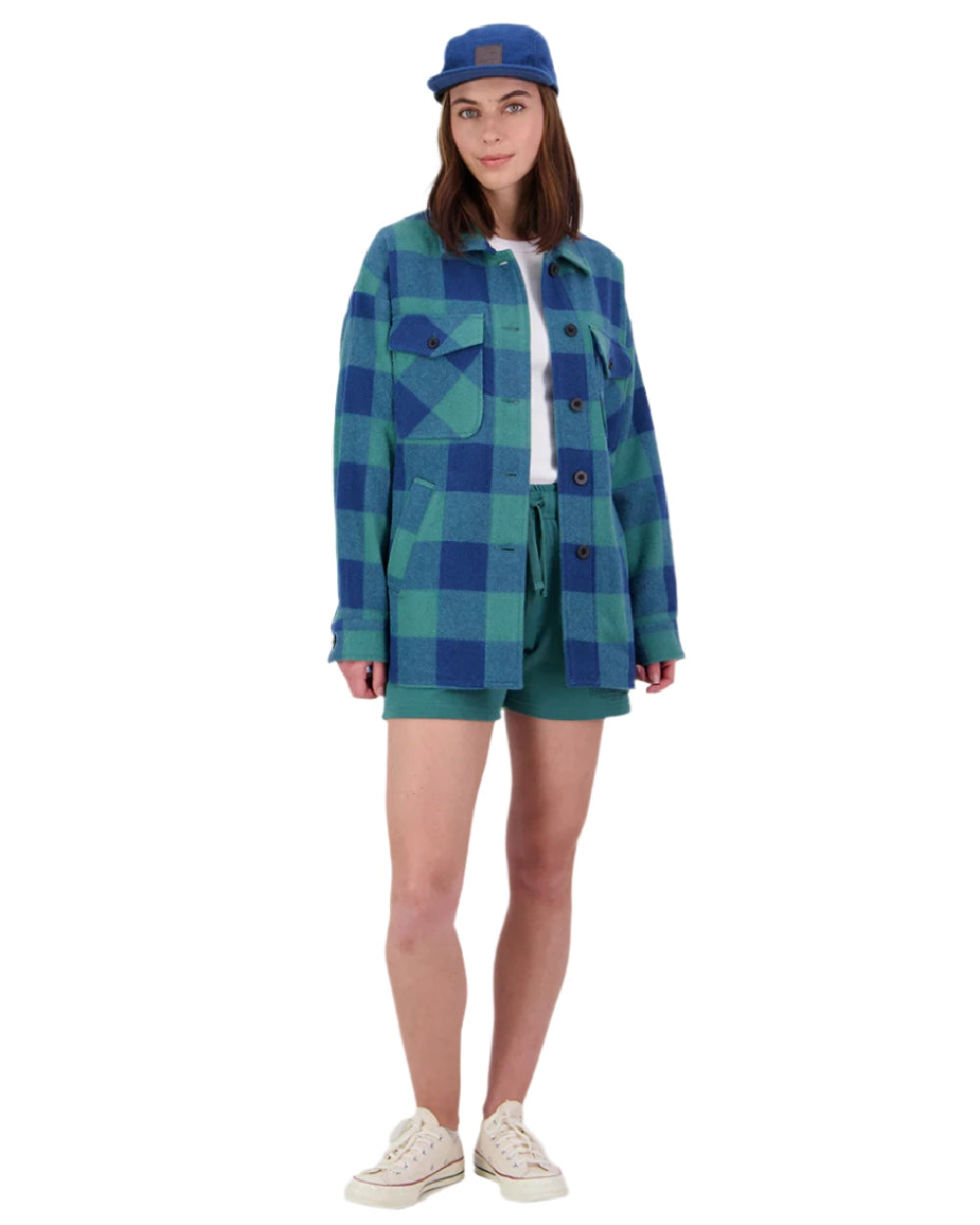 Coastal Check Coloured Swanndri Womens Harbourage Lite Wool Shacket on white background 