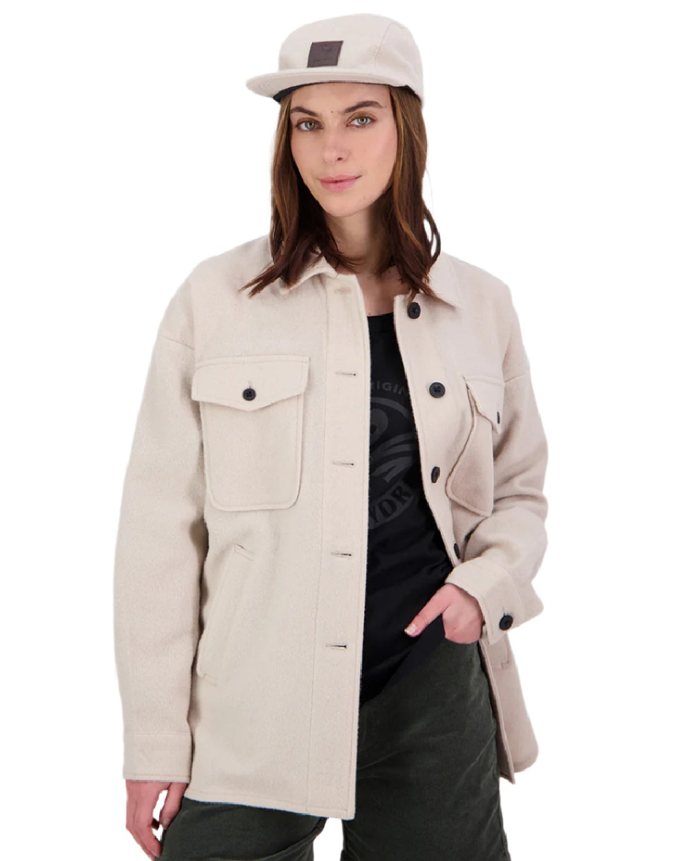 Taupe Coloured Swanndri Womens Harbourage Lite Wool Shacket on white background 