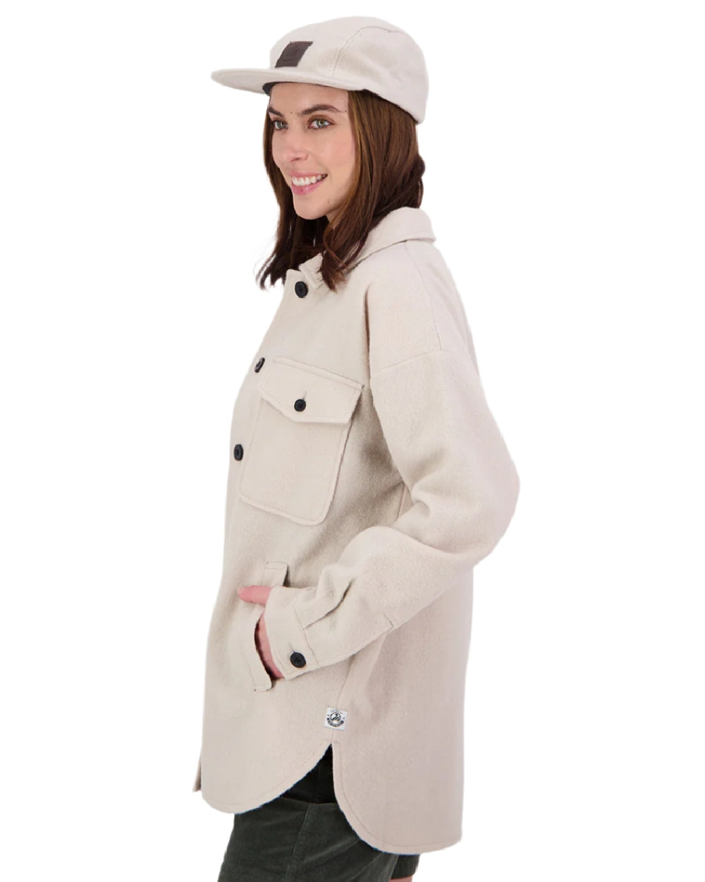 Taupe Coloured Swanndri Womens Harbourage Lite Wool Shacket on white background 