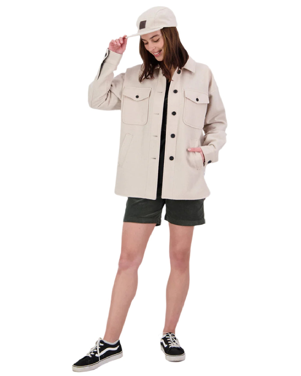 Taupe Coloured Swanndri Womens Harbourage Lite Wool Shacket on white background 