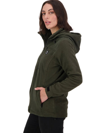 Olive Coloured Swanndri Womens High Rock Fleece Hoodie on white background 
