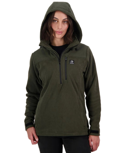 Olive Coloured Swanndri Womens High Rock Fleece Hoodie on white background 