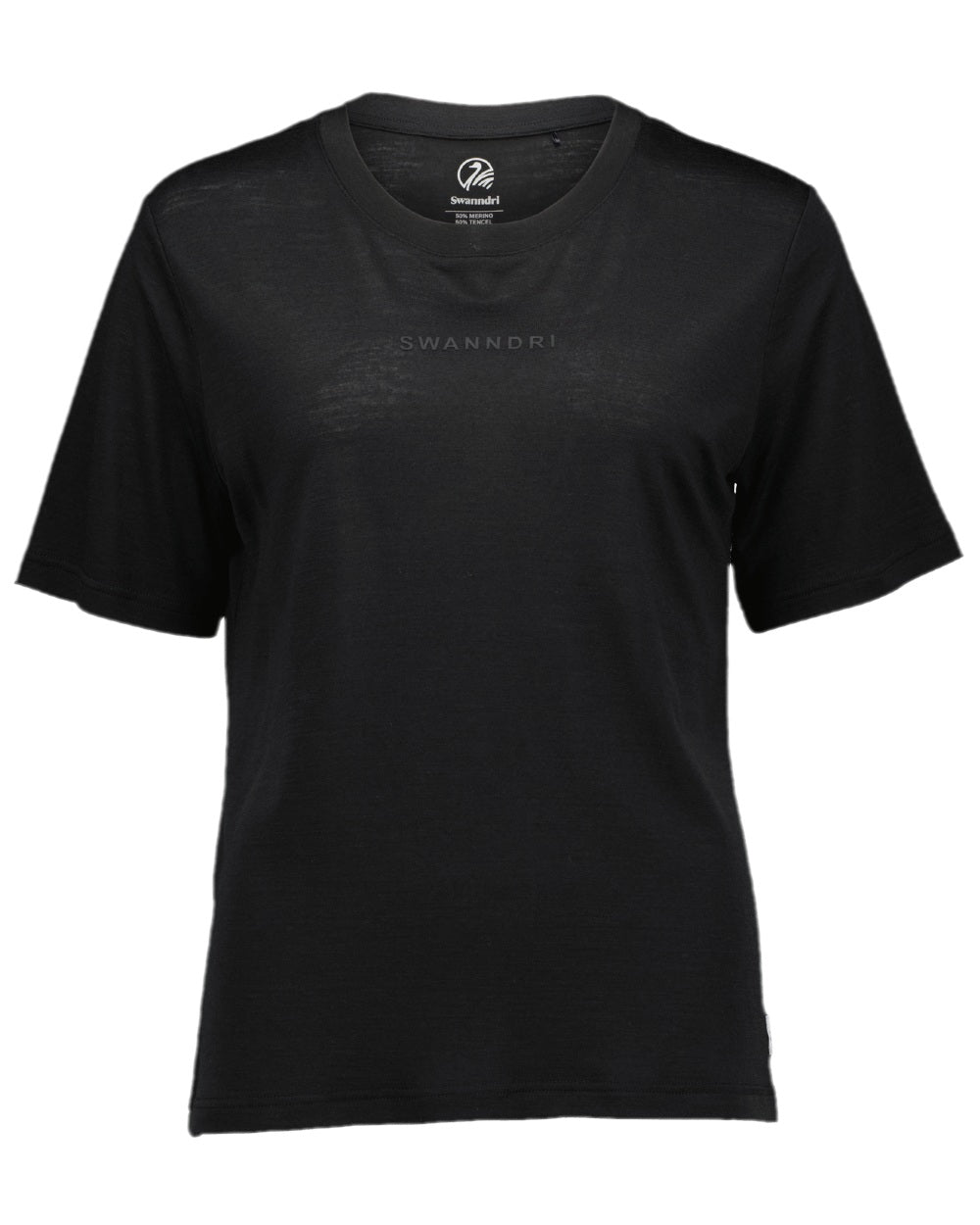 Black Coloured Swanndri Womens Merino Fusion T-Shirt on white background 