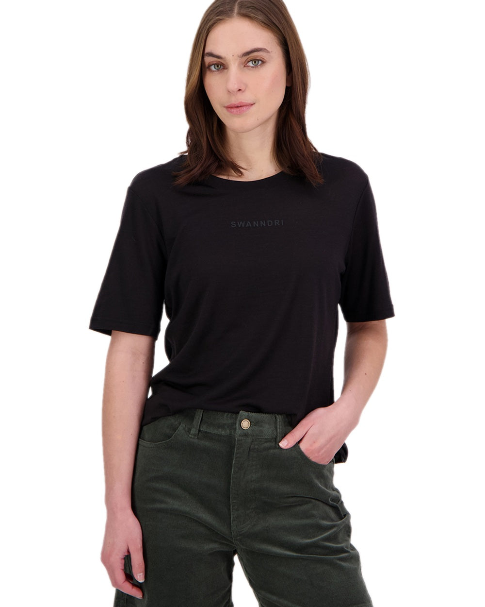 Black Coloured Swanndri Womens Merino Fusion T-Shirt on white background 