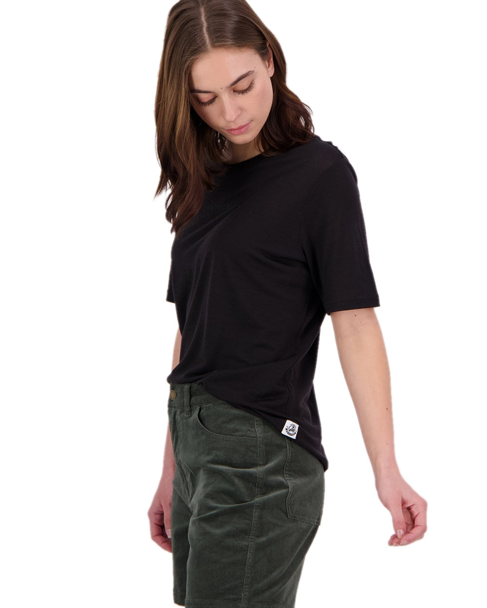 Black Coloured Swanndri Womens Merino Fusion T-Shirt on white background 