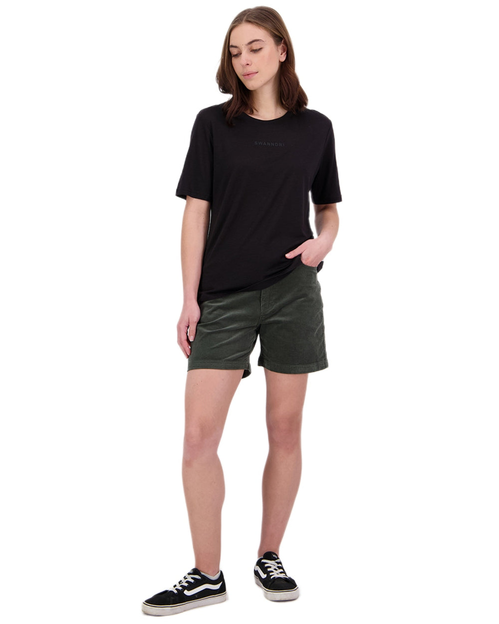 Black Coloured Swanndri Womens Merino Fusion T-Shirt on white background 