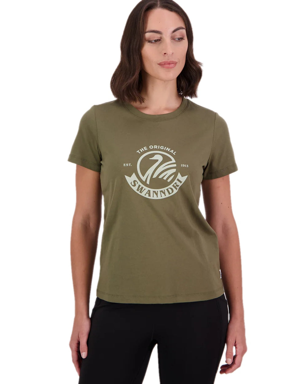 Dark Olive Horizon Grey Coloured Swanndri Womens Original V3 T-Shirt on white background 
