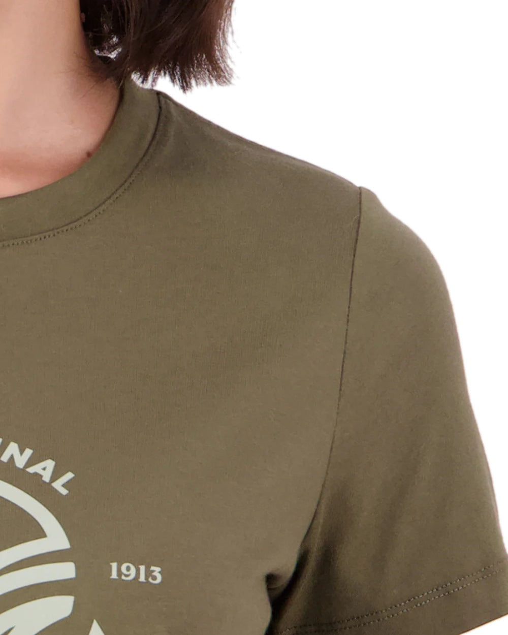 Dark Olive Horizon Grey Coloured Swanndri Womens Original V3 T-Shirt on white background 