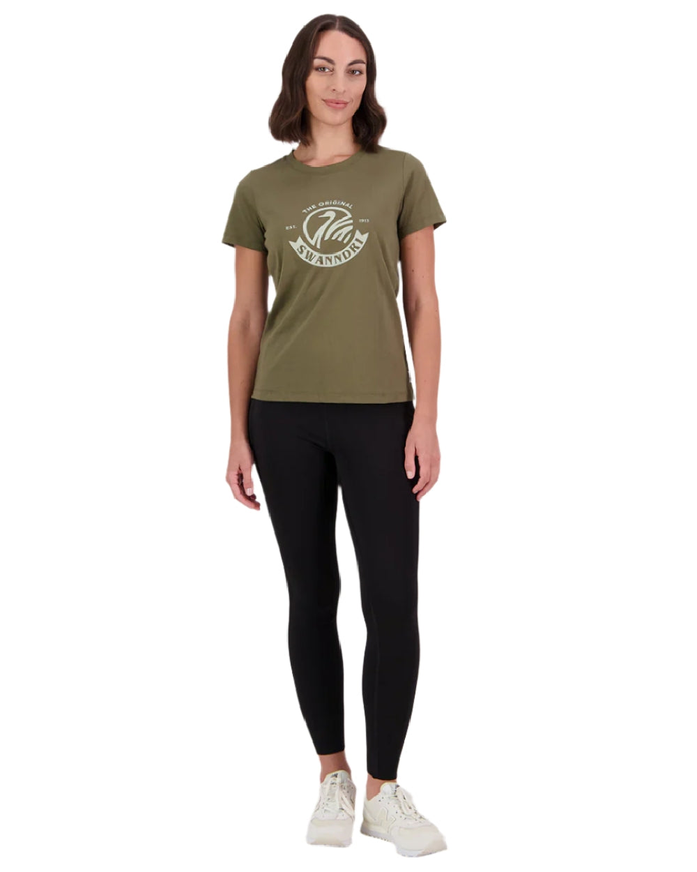 Dark Olive Horizon Grey Coloured Swanndri Womens Original V3 T-Shirt on white background 