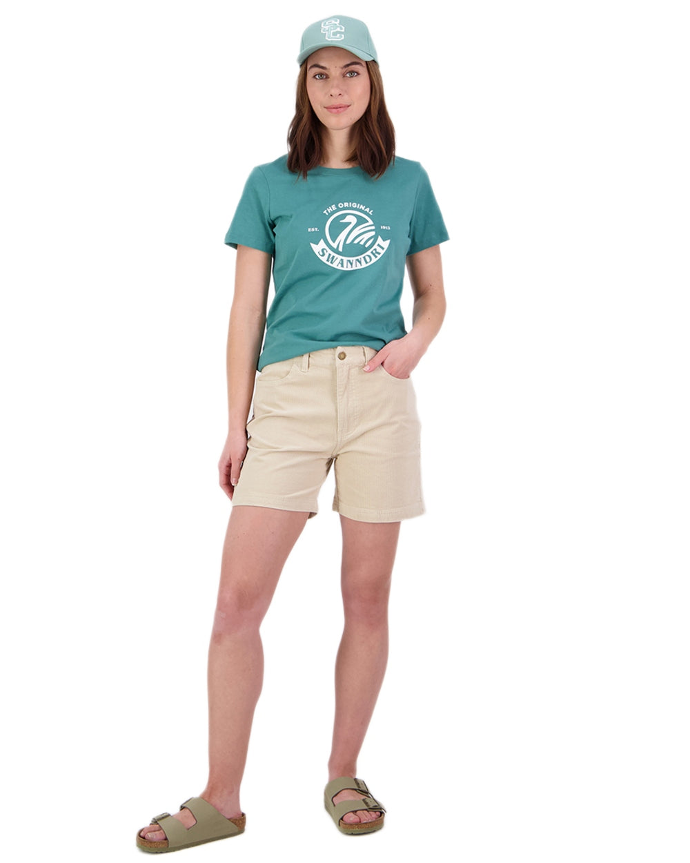 Jade Green White Coloured Swanndri Womens Original V3 T-Shirt on white background 
