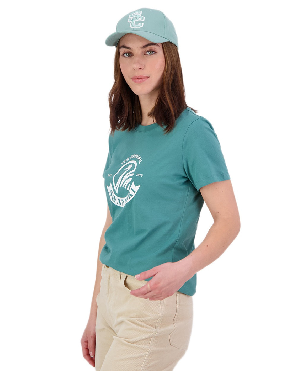 Jade Green White Coloured Swanndri Womens Original V3 T-Shirt on white background 