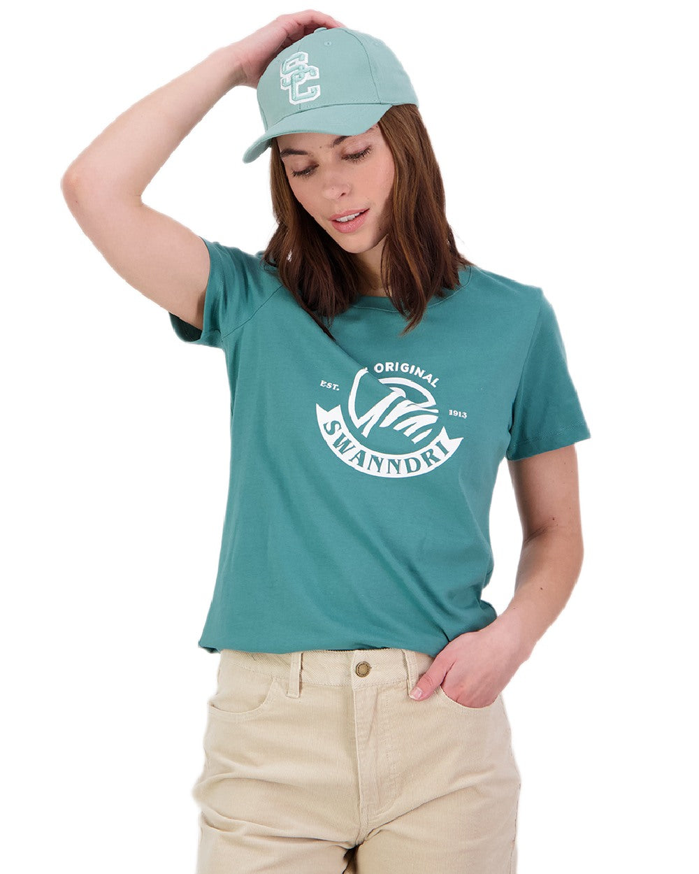 Jade Green White Coloured Swanndri Womens Original V3 T-Shirt on white background 
